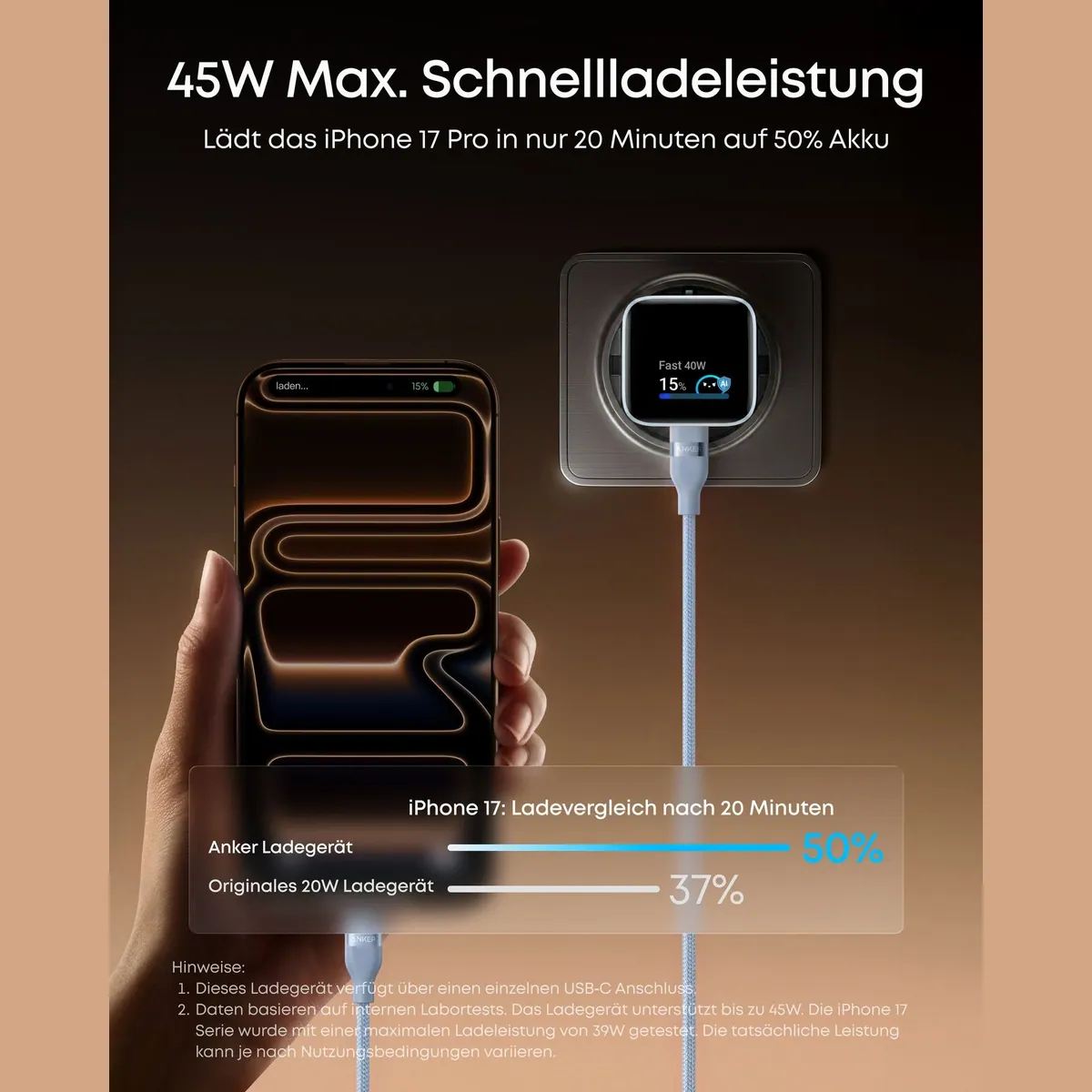 Anker Nano 45W USB-C Ladegerät, Smart Display, kompakt & leicht 3