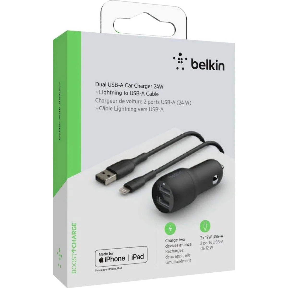 Belkin Dual USB-A Kfz-Ladegerät, 24W Leistung, inkl. Lightning Kabel 1m