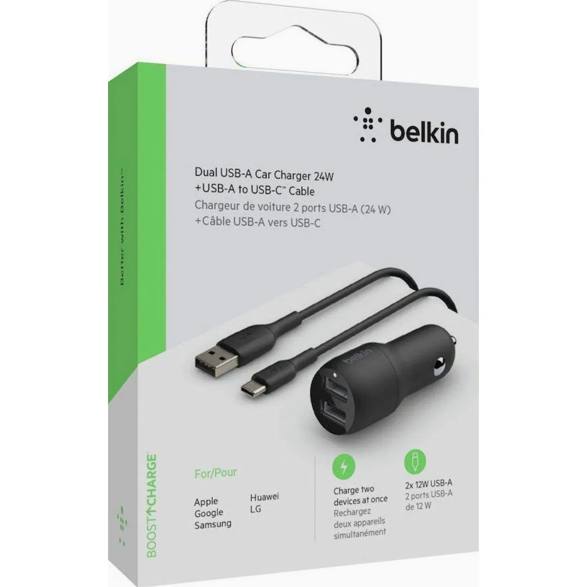 Belkin Dual USB-A Kfz-Ladegerät, 24W, inkl. USB-C Kabel 1m