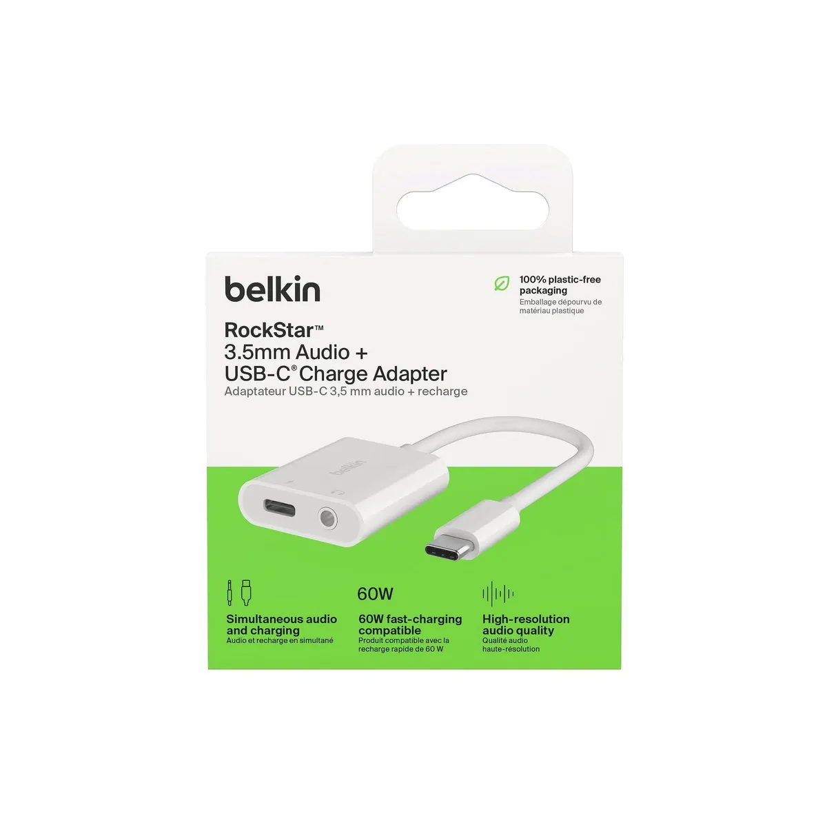 Belkin RockStar 3,5mm-Klinken-Audio- und USB-C-Ladeadapter, USB-PD und Quick Charge 2.0 kompatibel, 4,68 cm 3