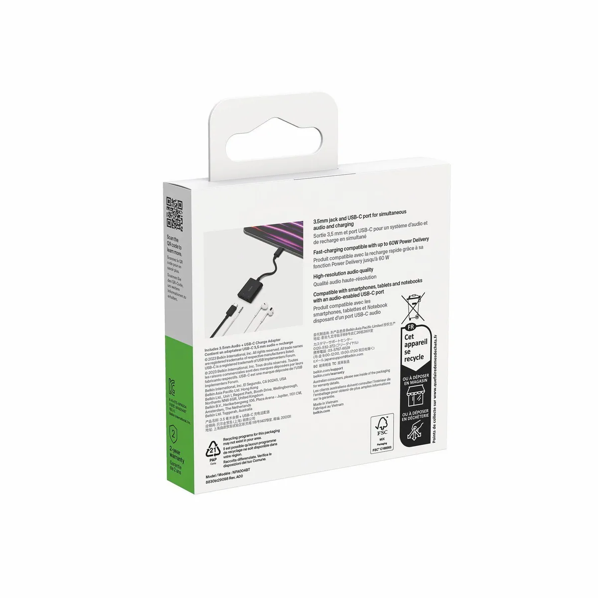 Belkin RockStar 3,5mm-Klinken-Audio- und USB-C-Ladeadapter, USB-PD und Quick Charge 2.0 kompatibel, 4,68 cm 5