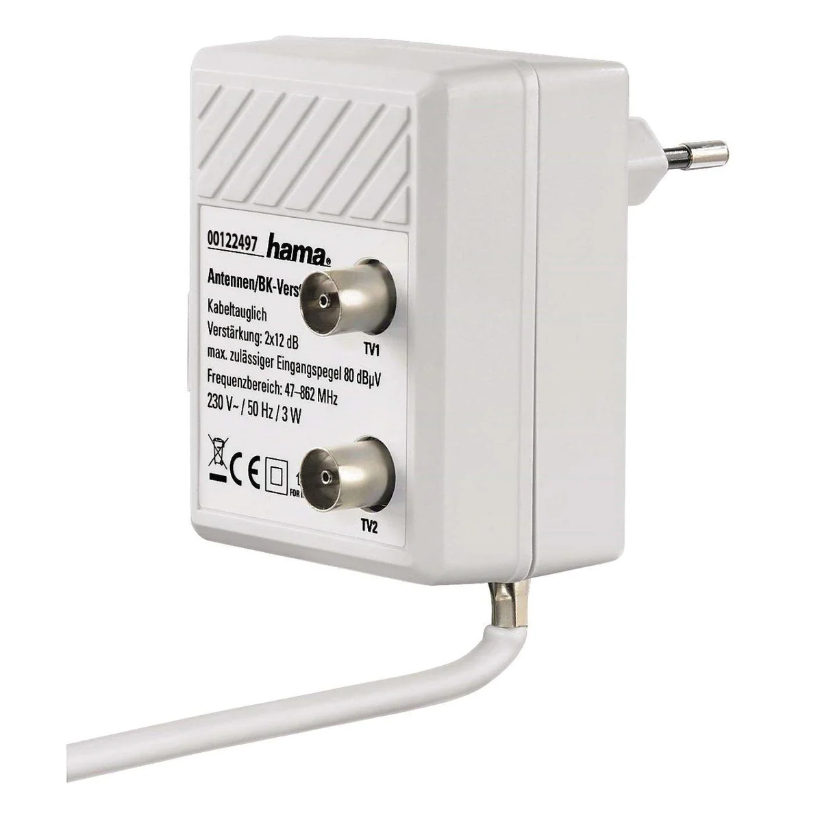Hama 2-Fach TV Verteiler, 2x12 dB Signalverstärkung, max. 98 dBµV Ausgangspegel