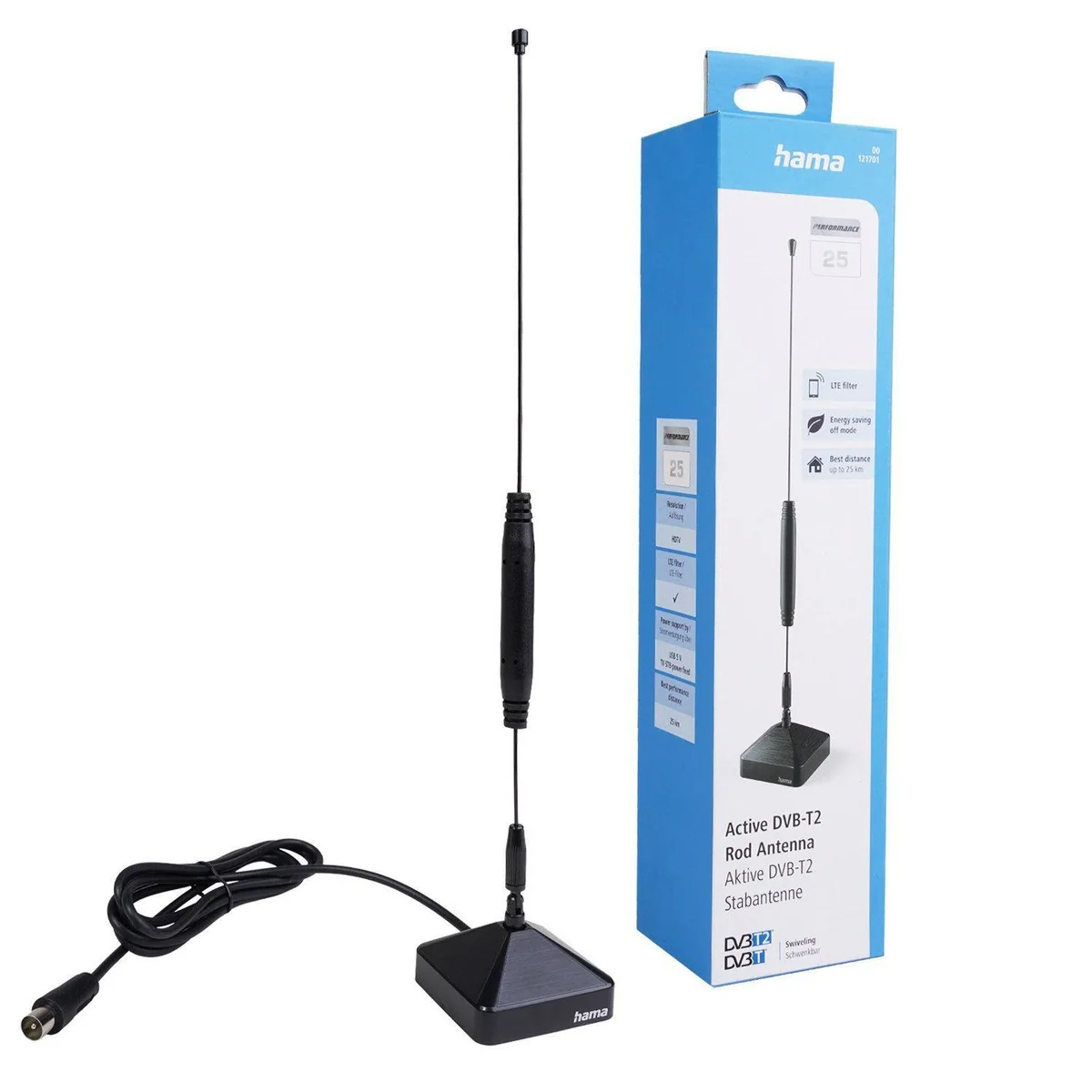 Hama DVB-T2 Aktiv Stab-Antenne, 4K Empfang, automatischer Verstärker