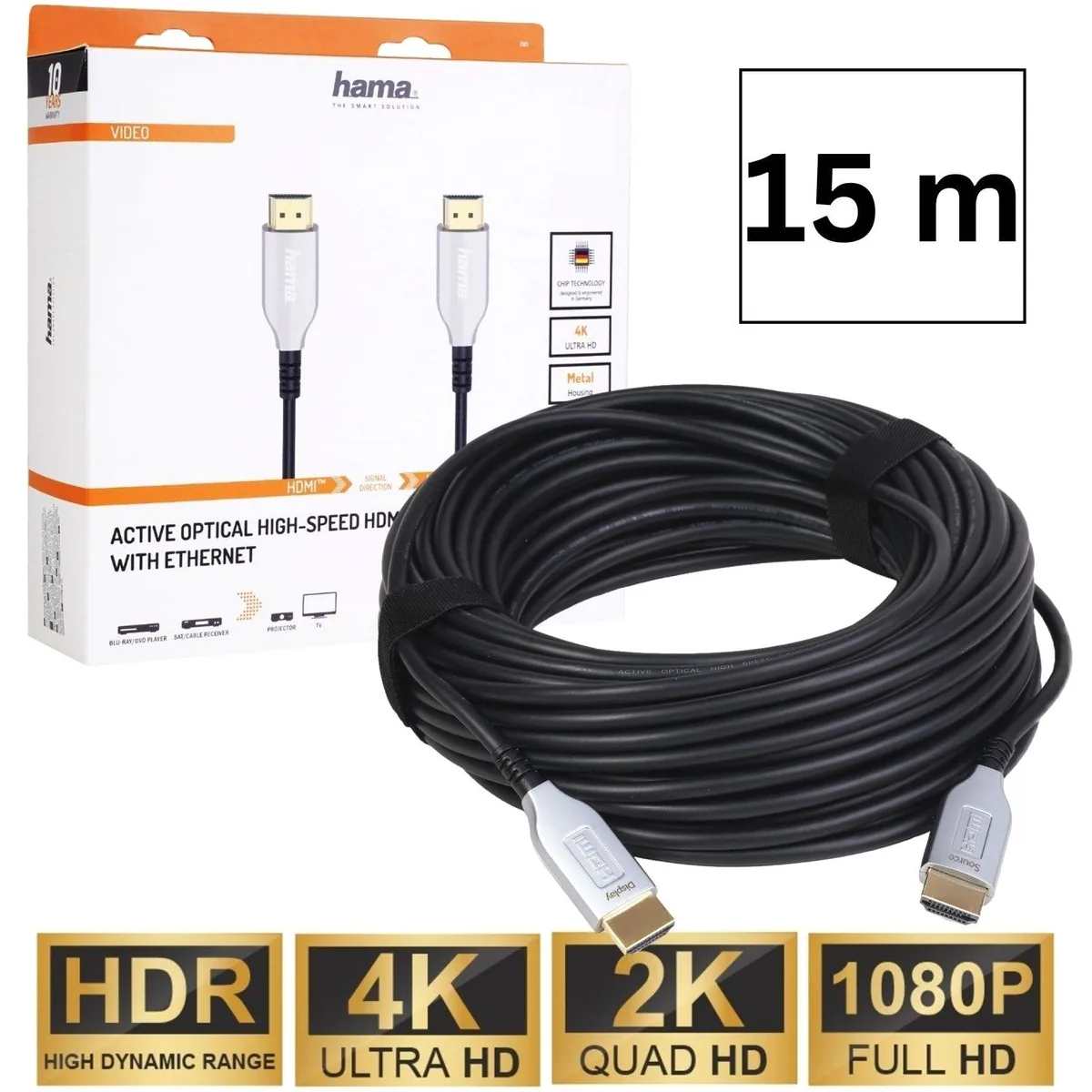 Hama 15m HDMI-Kabel, optisch aktiv, 4K UHD, vergoldete Stecker