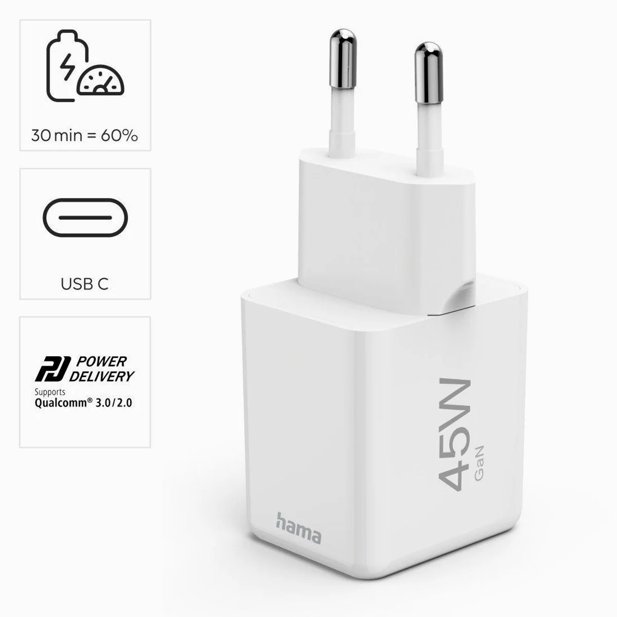 Hama Schnellladegerät, 45 W, USB-C, PD/QC, kompakt 3,8 x 3,0 x 3,6 cm 3