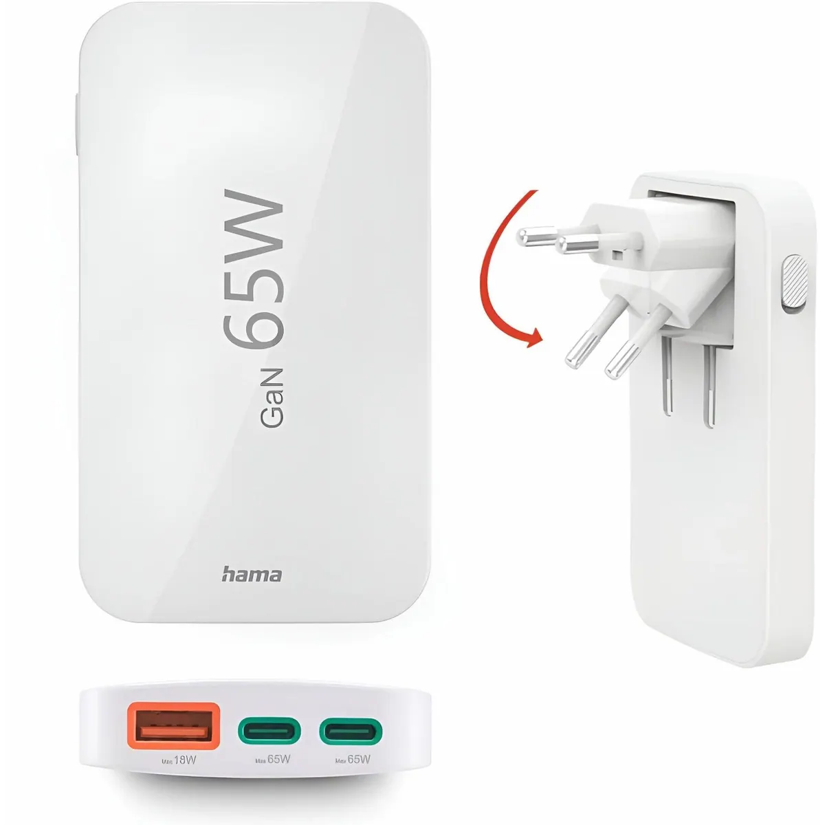 Hama Schnellladegerät, 65W, 2x USB-C, 1x USB-A, flach, PD/QC