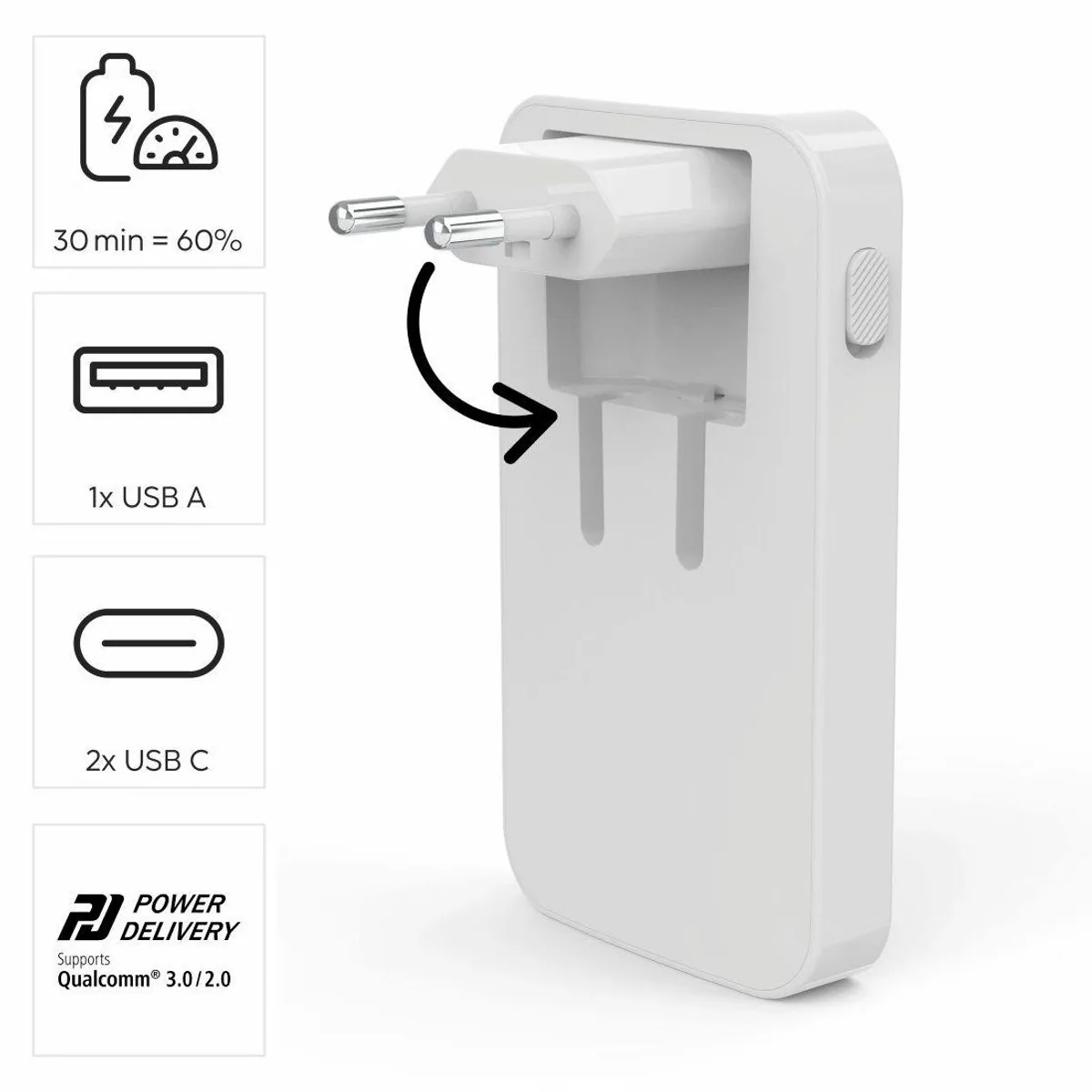 Hama Schnellladegerät, 65W, 2x USB-C, 1x USB-A, flach, PD/QC 3