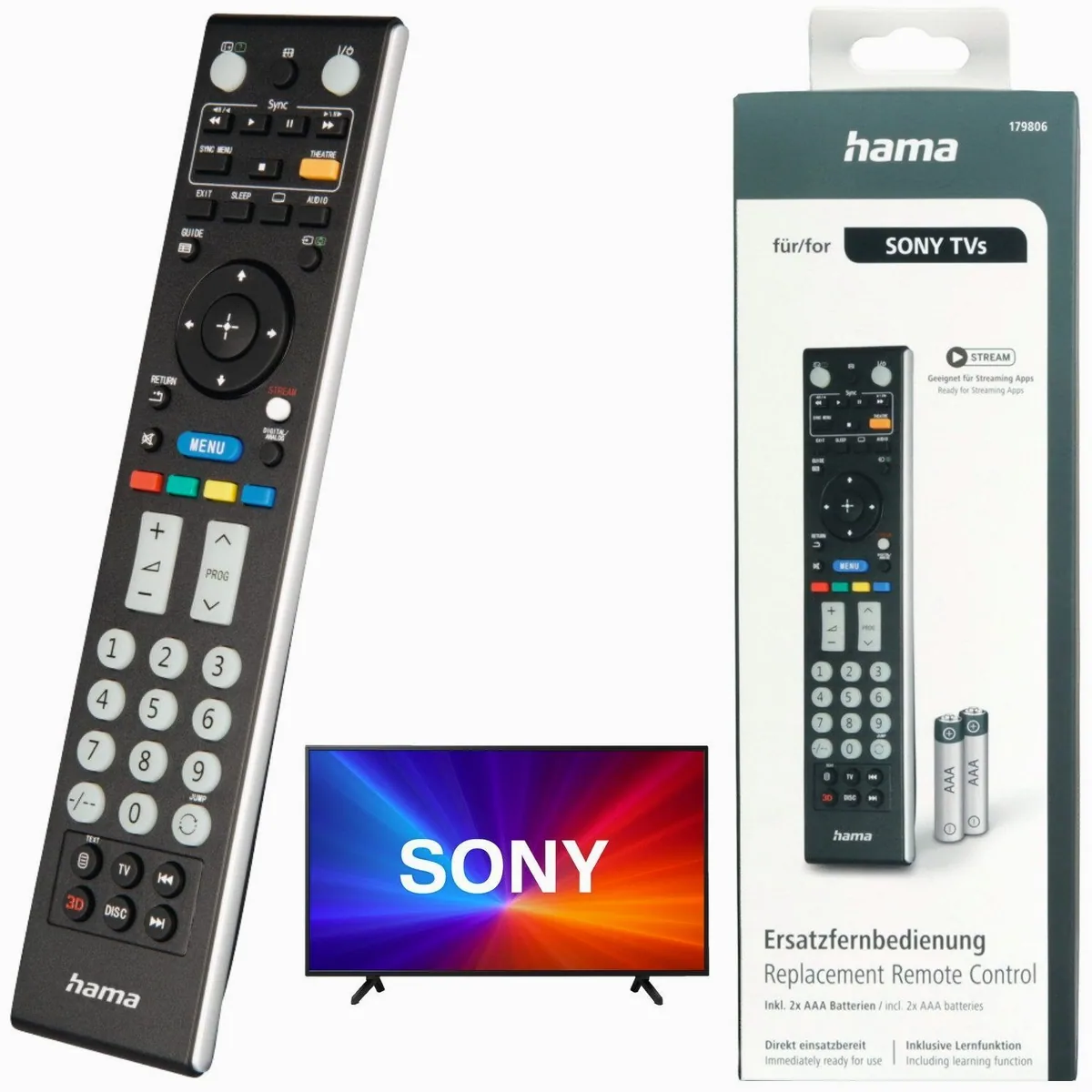 Sony Universal-Fernbedienung, 1:1 Ersatz für Sony TV — Infrarot, Lernfunktion, EASY-Mode