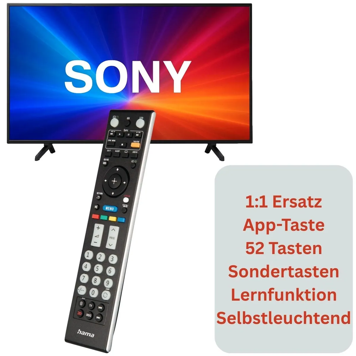 Sony Universal-Fernbedienung, 1:1 Ersatz für Sony TV — Infrarot, Lernfunktion, EASY-Mode 3